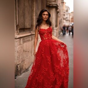 Alamour The Label Clarina Red 3D Floral Gown